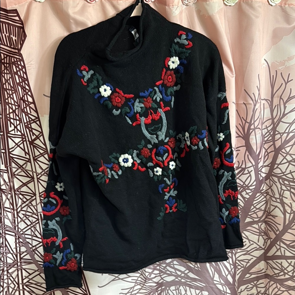 Floral Embroidered Black Sweater